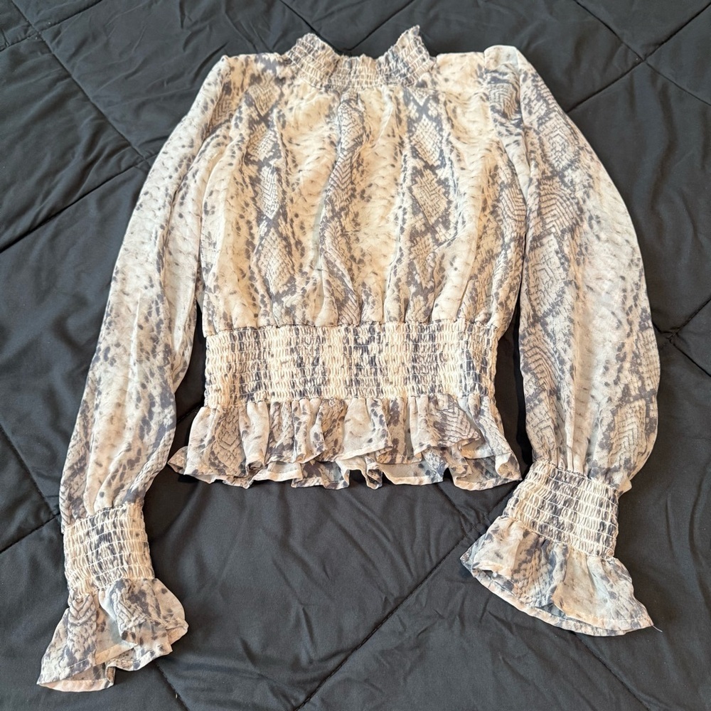 Japna Cream Ruffled Smocked Blouse with Mandarin Collar